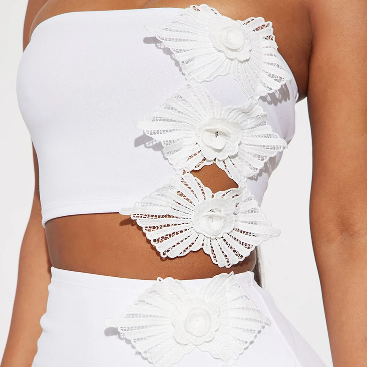 CM.YAYA Bowknot Side Women's Dress Set Strapless Crop Top and Ruffles Split Midi Maxi Long Skirt Suit Two 2 Piece Set Outfits