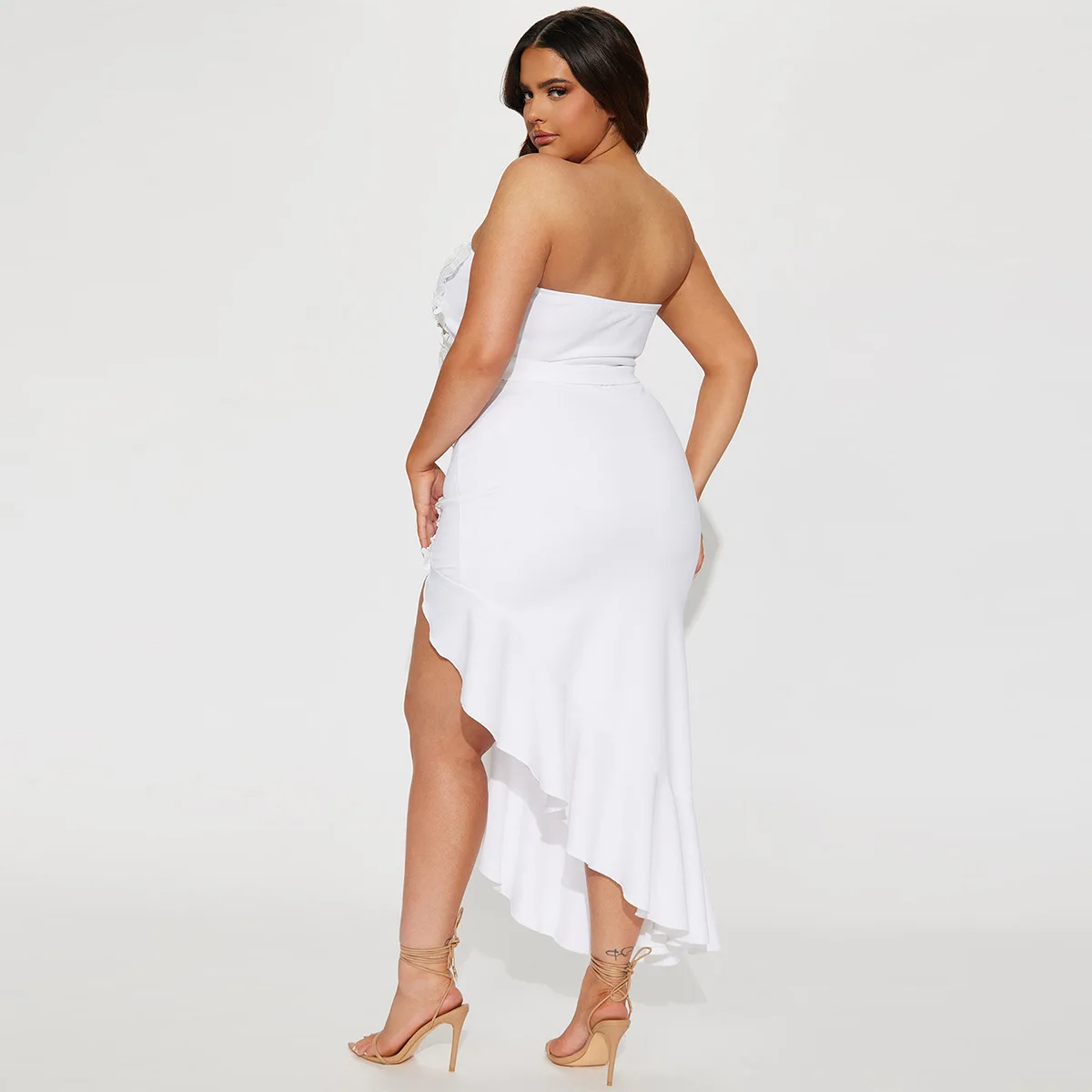 CM.YAYA Bowknot Side Women's Dress Set Strapless Crop Top and Ruffles Split Midi Maxi Long Skirt Suit Two 2 Piece Set Outfits