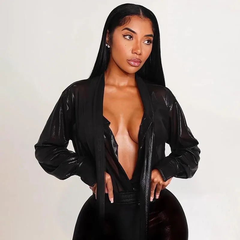 GLCMYAYA 2025 Fall Women's Dress Set See Through V-Neck Ribbon Shirt and Mini Skirt Suit Street Sexy Two 2 Piece Sets Outfits