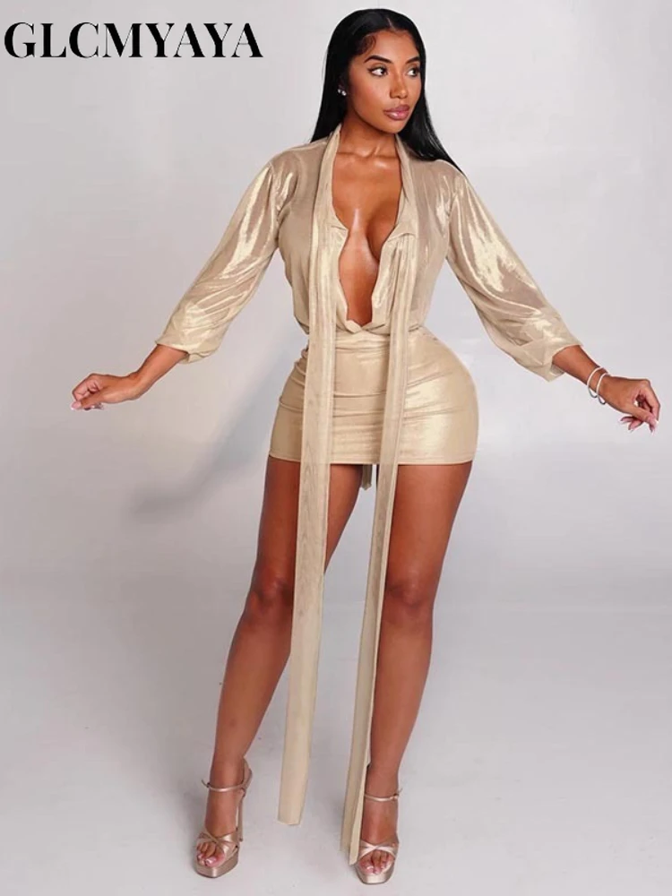 GLCMYAYA 2025 Fall Women's Dress Set See Through V-Neck Ribbon Shirt and Mini Skirt Suit Street Sexy Two 2 Piece Sets Outfits