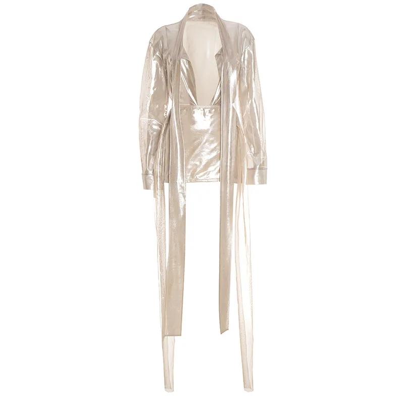 GLCMYAYA 2025 Fall Women's Dress Set See Through V-Neck Ribbon Shirt and Mini Skirt Suit Street Sexy Two 2 Piece Sets Outfits