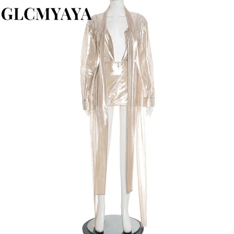 GLCMYAYA 2025 Fall Women's Dress Set See Through V-Neck Ribbon Shirt and Mini Skirt Suit Street Sexy Two 2 Piece Sets Outfits