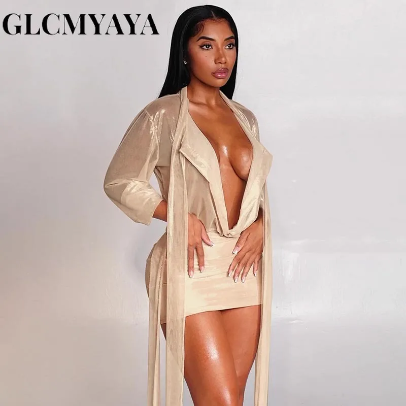 GLCMYAYA 2025 Fall Women's Dress Set See Through V-Neck Ribbon Shirt and Mini Skirt Suit Street Sexy Two 2 Piece Sets Outfits