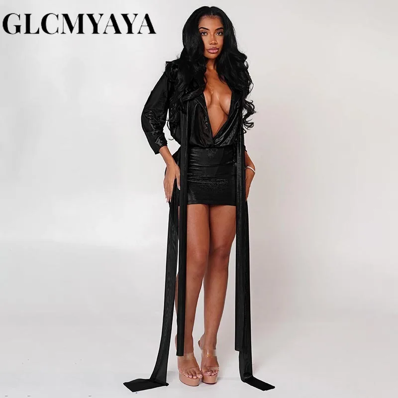 GLCMYAYA 2025 Fall Women's Dress Set See Through V-Neck Ribbon Shirt and Mini Skirt Suit Street Sexy Two 2 Piece Sets Outfits