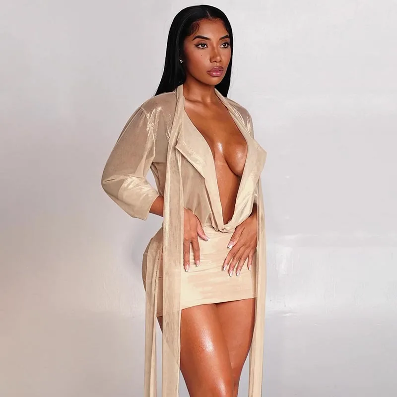 GLCMYAYA 2025 Fall Women's Dress Set See Through V-Neck Ribbon Shirt and Mini Skirt Suit Street Sexy Two 2 Piece Sets Outfits