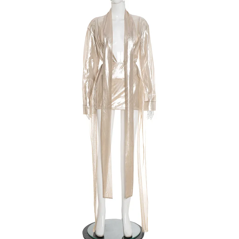 GLCMYAYA 2025 Fall Women's Dress Set See Through V-Neck Ribbon Shirt and Mini Skirt Suit Street Sexy Two 2 Piece Sets Outfits