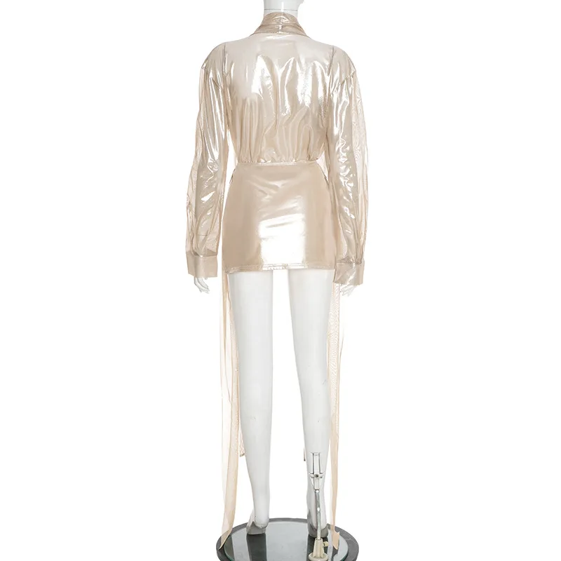 GLCMYAYA 2025 Fall Women's Dress Set See Through V-Neck Ribbon Shirt and Mini Skirt Suit Street Sexy Two 2 Piece Sets Outfits