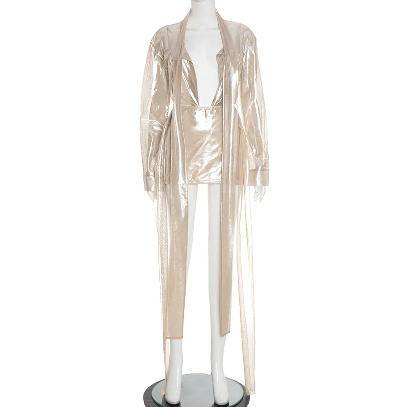 GLCMYAYA 2025 Fall Women's Dress Set See Through V-Neck Ribbon Shirt and Mini Skirt Suit Street Sexy Two 2 Piece Sets Outfits