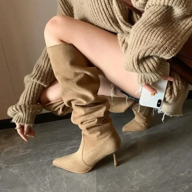 Pleated Faux Suede Knee-High Boots Women Pointed Toe Slip-On Western Cowboy Boots Woman 2025 Autumn Thin Heels Long Botas Mujer