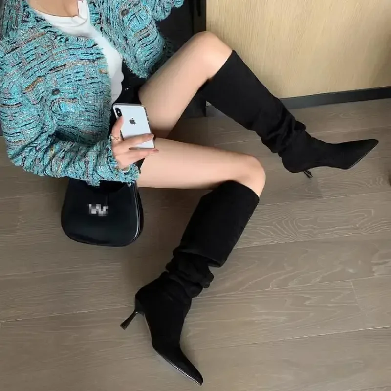 Pleated Faux Suede Knee-High Boots Women Pointed Toe Slip-On Western Cowboy Boots Woman 2025 Autumn Thin Heels Long Botas Mujer Pleated Faux Suede Knee-High Boots Women Pointed Toe Slip-On Western Cowboy Boots Woman 2025 Autumn Thin Heels Long Botas Mujer