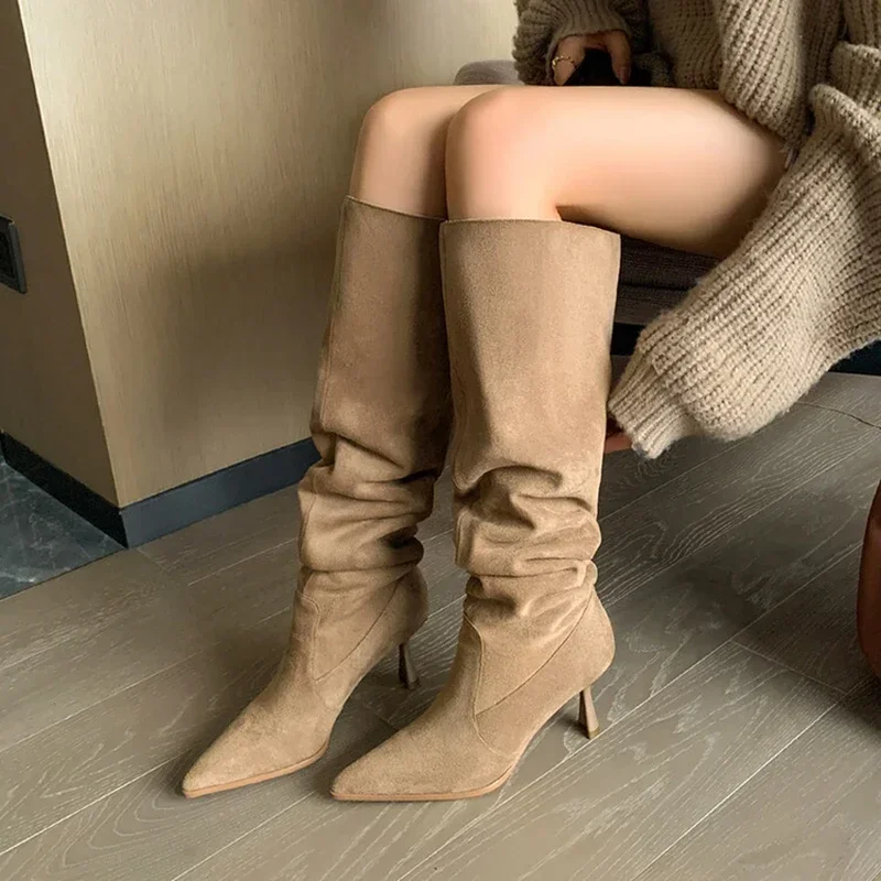 Pleated Faux Suede Knee-High Boots Women Pointed Toe Slip-On Western Cowboy Boots Woman 2025 Autumn Thin Heels Long Botas Mujer Pleated Faux Suede Knee-High Boots Women Pointed Toe Slip-On Western Cowboy Boots Woman 2025 Autumn Thin Heels Long Botas Mujer