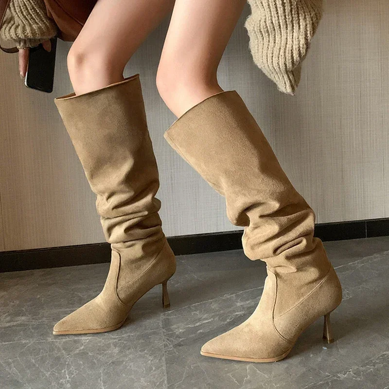 Pleated Faux Suede Knee-High Boots Women Pointed Toe Slip-On Western Cowboy Boots Woman 2025 Autumn Thin Heels Long Botas Mujer Pleated Faux Suede Knee-High Boots Women Pointed Toe Slip-On Western Cowboy Boots Woman 2025 Autumn Thin Heels Long Botas Mujer