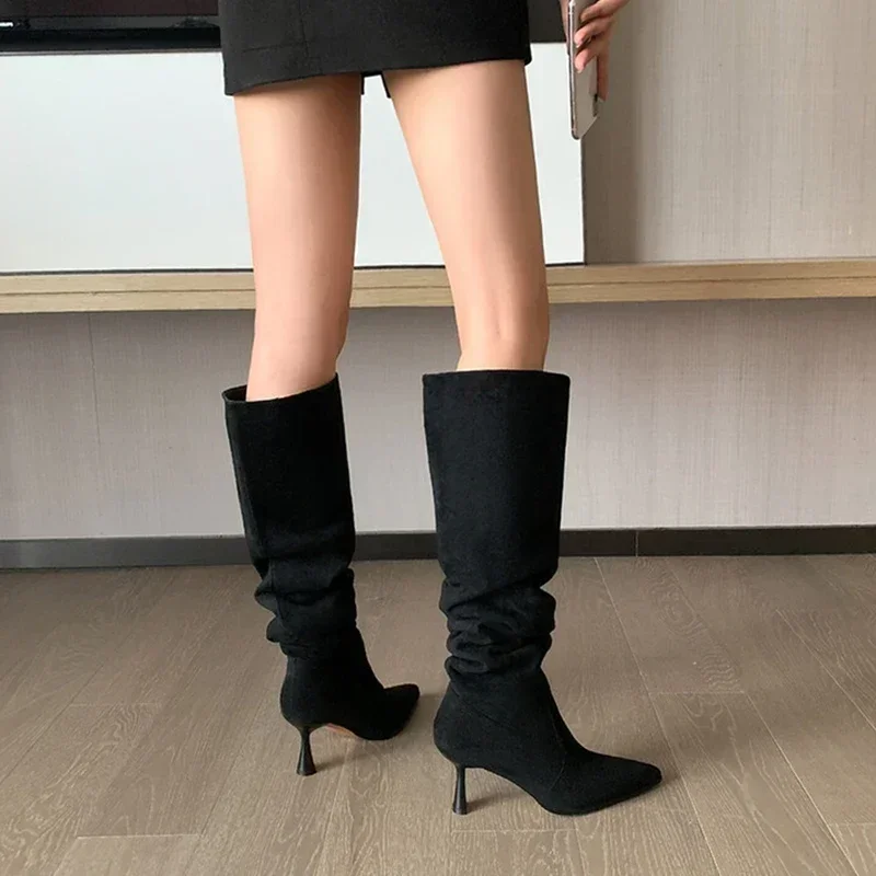 Pleated Faux Suede Knee-High Boots Women Pointed Toe Slip-On Western Cowboy Boots Woman 2025 Autumn Thin Heels Long Botas Mujer Pleated Faux Suede Knee-High Boots Women Pointed Toe Slip-On Western Cowboy Boots Woman 2025 Autumn Thin Heels Long Botas Mujer