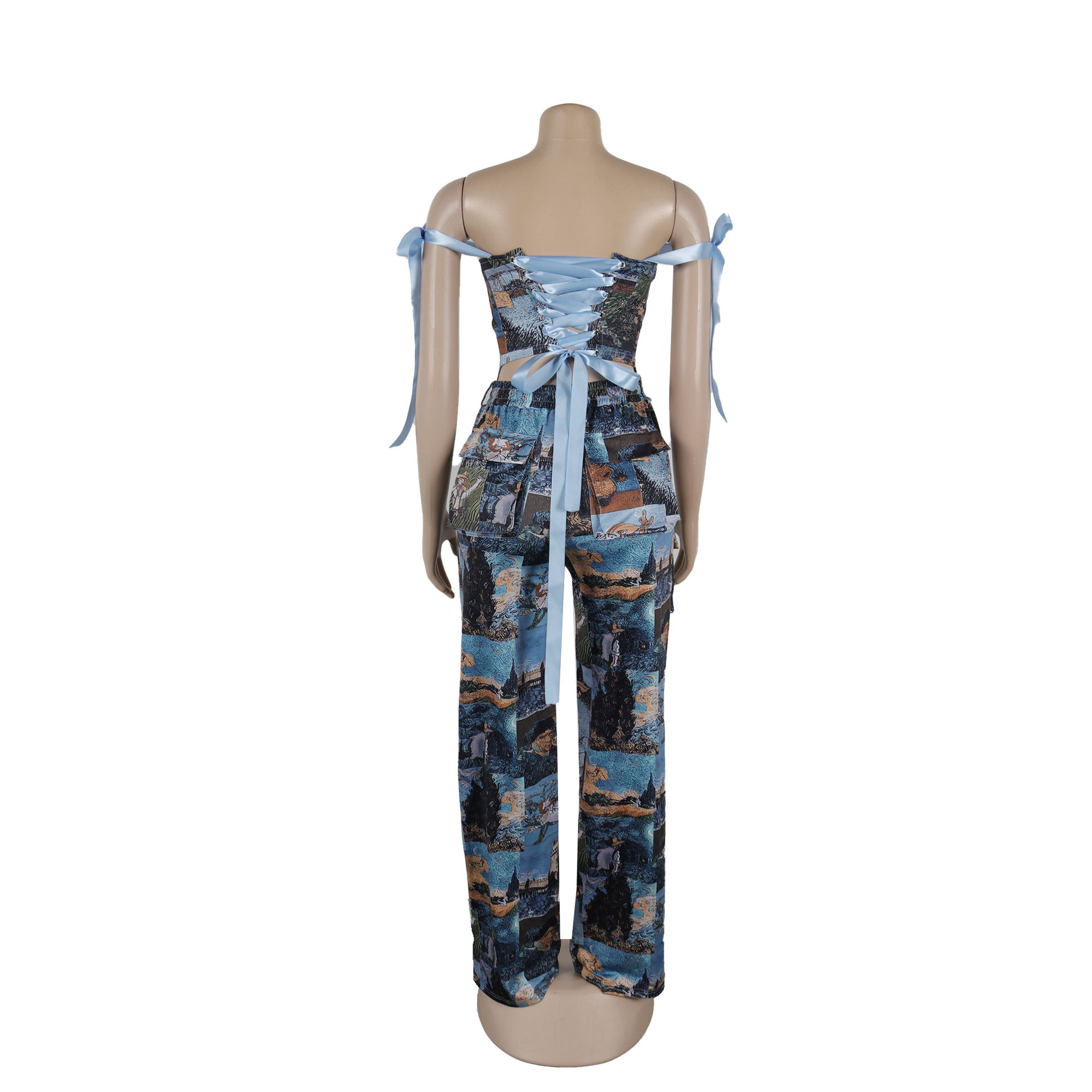 CM.YAYA Oil Painting Printed Women's Set Lace Up Back Crop Top and Pants Suit 2024 Fall Winter Two 2 Piece Sets Outfit Tracksuit CM.YAYA Oil Painting Printed Women's Set Lace Up Back Crop Top and Pants Suit 2024 Fall Winter Two 2 Piece Sets Outfit Tracksuit
