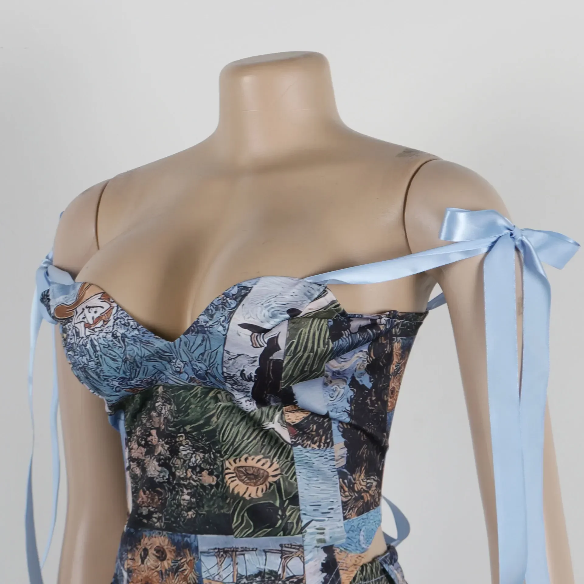 CM.YAYA Oil Painting Printed Women's Set Lace Up Back Crop Top and Pants Suit 2024 Fall Winter Two 2 Piece Sets Outfit Tracksuit