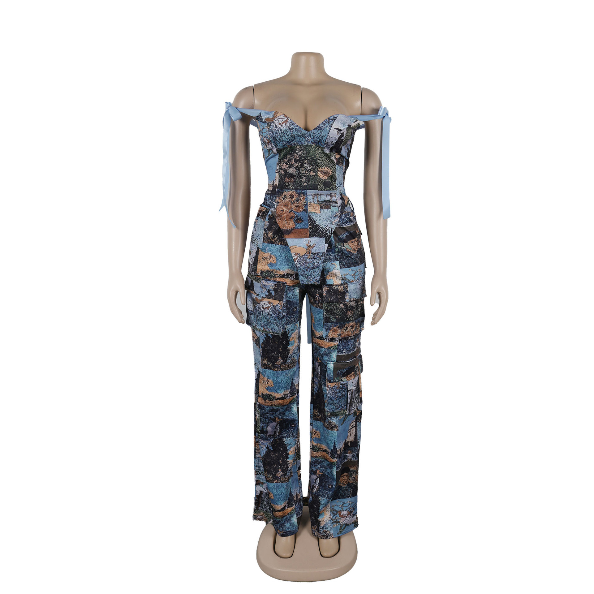 CM.YAYA Oil Painting Printed Women's Set Lace Up Back Crop Top and Pants Suit 2024 Fall Winter Two 2 Piece Sets Outfit Tracksuit CM.YAYA Oil Painting Printed Women's Set Lace Up Back Crop Top and Pants Suit 2024 Fall Winter Two 2 Piece Sets Outfit Tracksuit