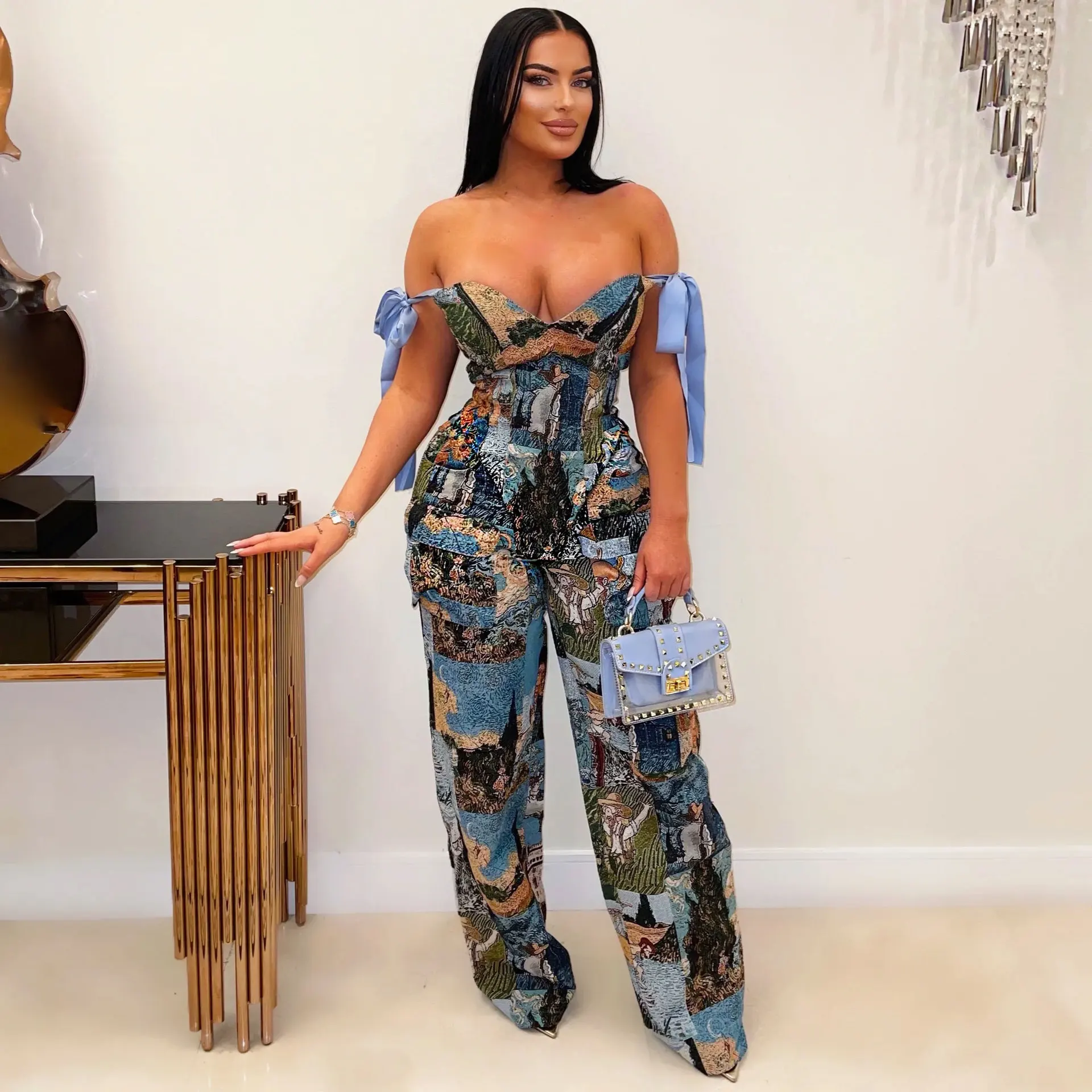 CM.YAYA Oil Painting Printed Women's Set Lace Up Back Crop Top and Pants Suit 2024 Fall Winter Two 2 Piece Sets Outfit Tracksuit CM.YAYA Oil Painting Printed Women's Set Lace Up Back Crop Top and Pants Suit 2024 Fall Winter Two 2 Piece Sets Outfit Tracksuit