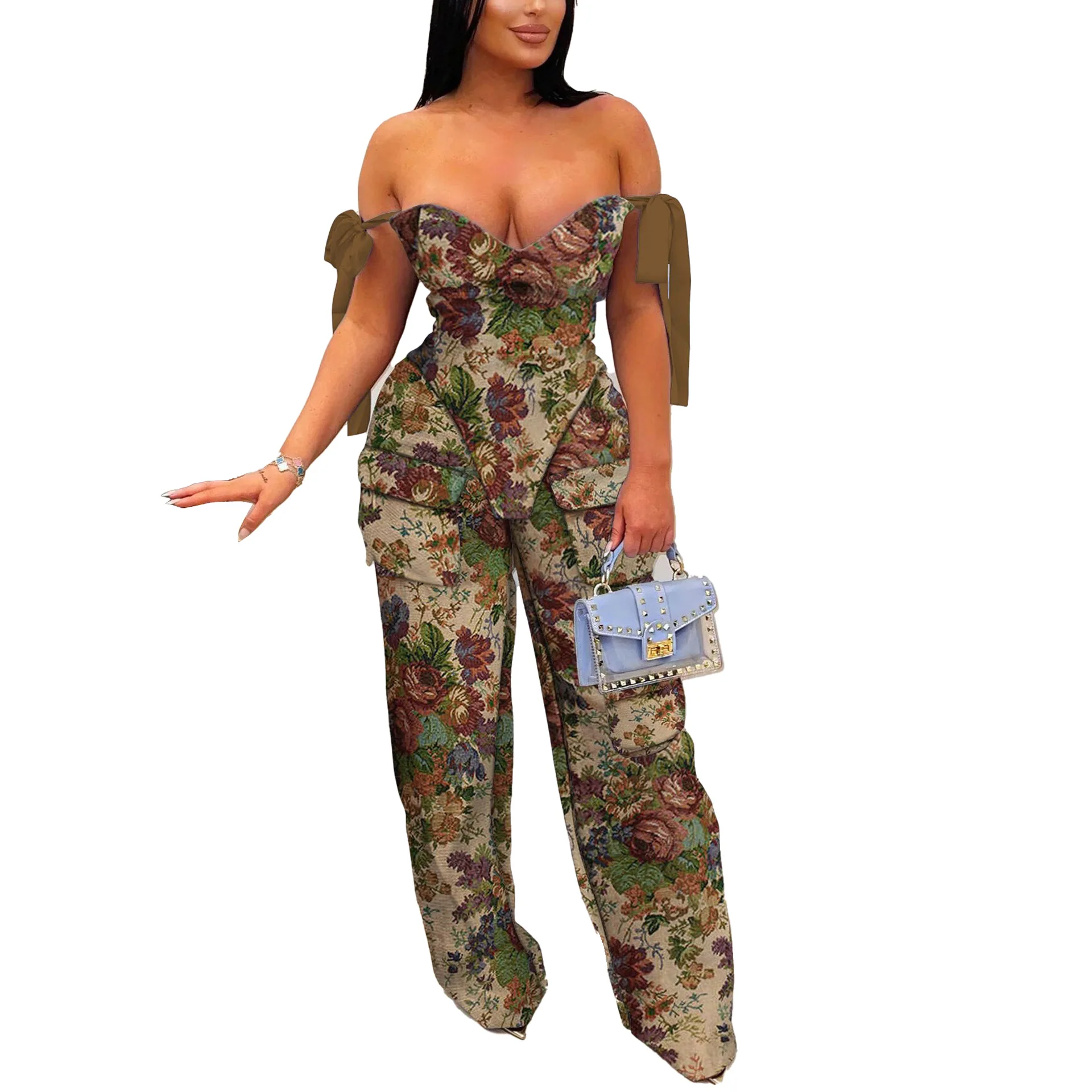 CM.YAYA Oil Painting Printed Women's Set Lace Up Back Crop Top and Pants Suit 2024 Fall Winter Two 2 Piece Sets Outfit Tracksuit CM.YAYA Oil Painting Printed Women's Set Lace Up Back Crop Top and Pants Suit 2024 Fall Winter Two 2 Piece Sets Outfit Tracksuit