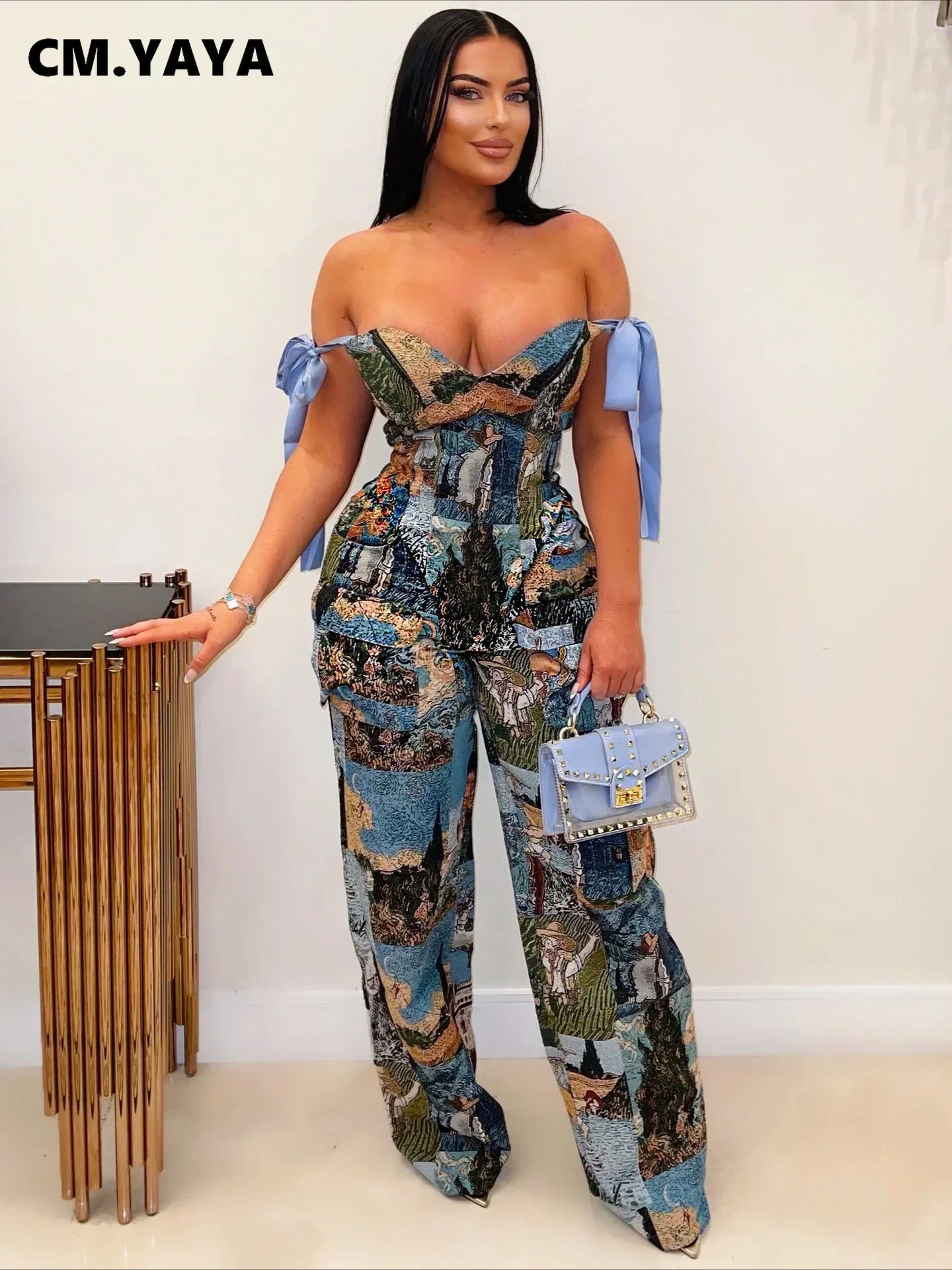 CM.YAYA Oil Painting Printed Women's Set Lace Up Back Crop Top and Pants Suit 2024 Fall Winter Two 2 Piece Sets Outfit Tracksuit
