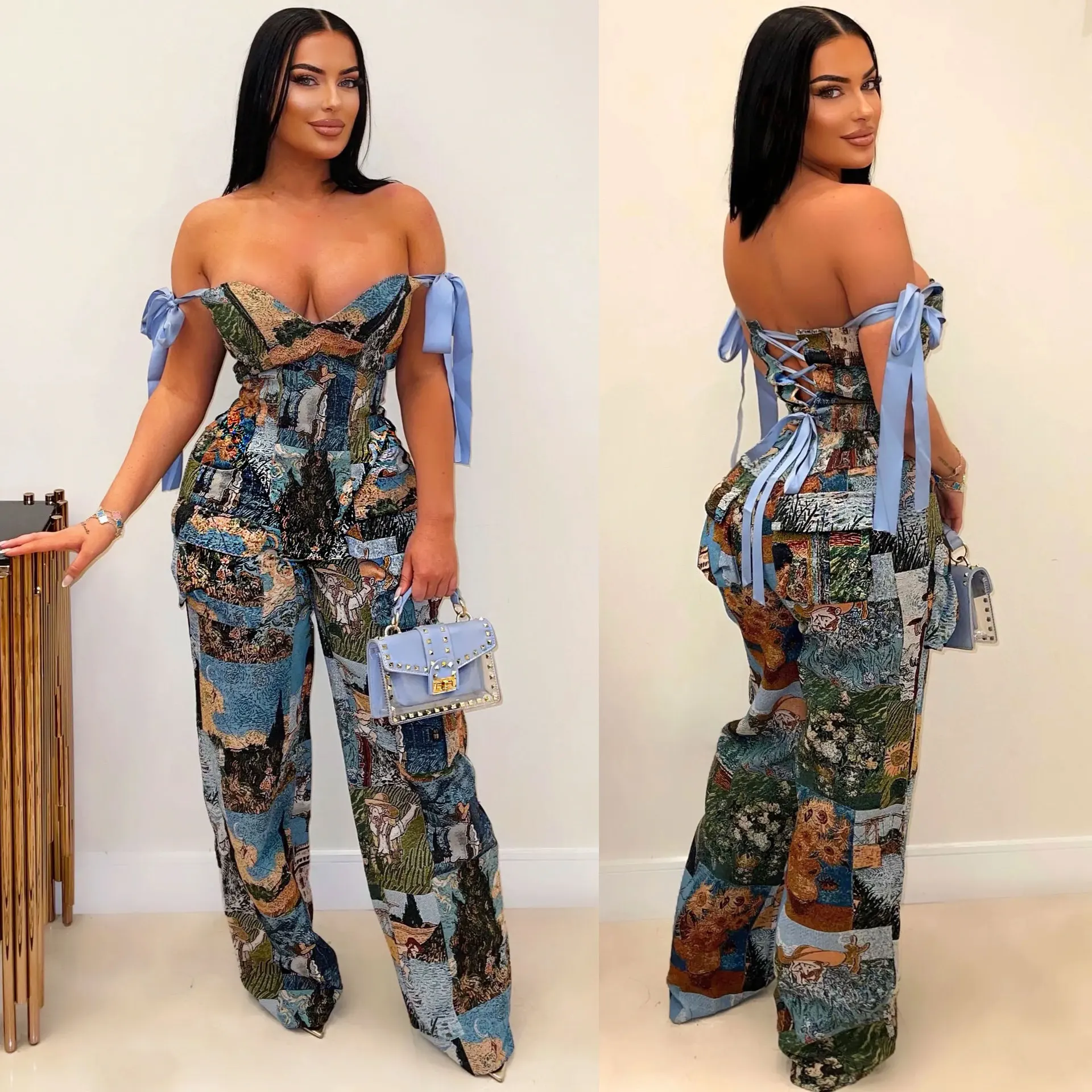 CM.YAYA Oil Painting Printed Women's Set Lace Up Back Crop Top and Pants Suit 2024 Fall Winter Two 2 Piece Sets Outfit Tracksuit CM.YAYA Oil Painting Printed Women's Set Lace Up Back Crop Top and Pants Suit 2024 Fall Winter Two 2 Piece Sets Outfit Tracksuit