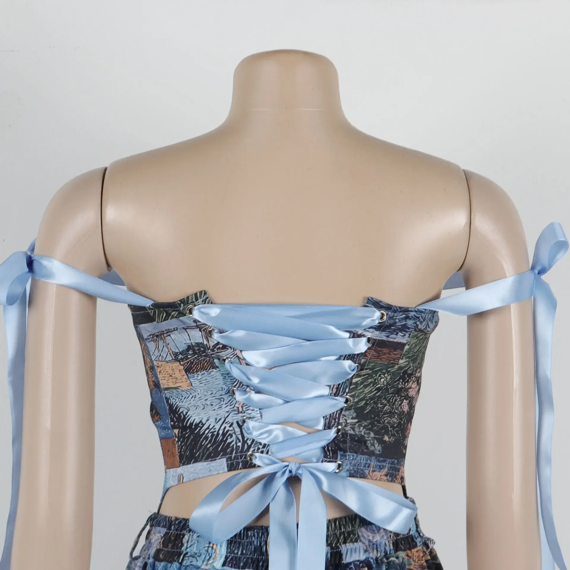 CM.YAYA Oil Painting Printed Women's Set Lace Up Back Crop Top and Pants Suit 2024 Fall Winter Two 2 Piece Sets Outfit Tracksuit