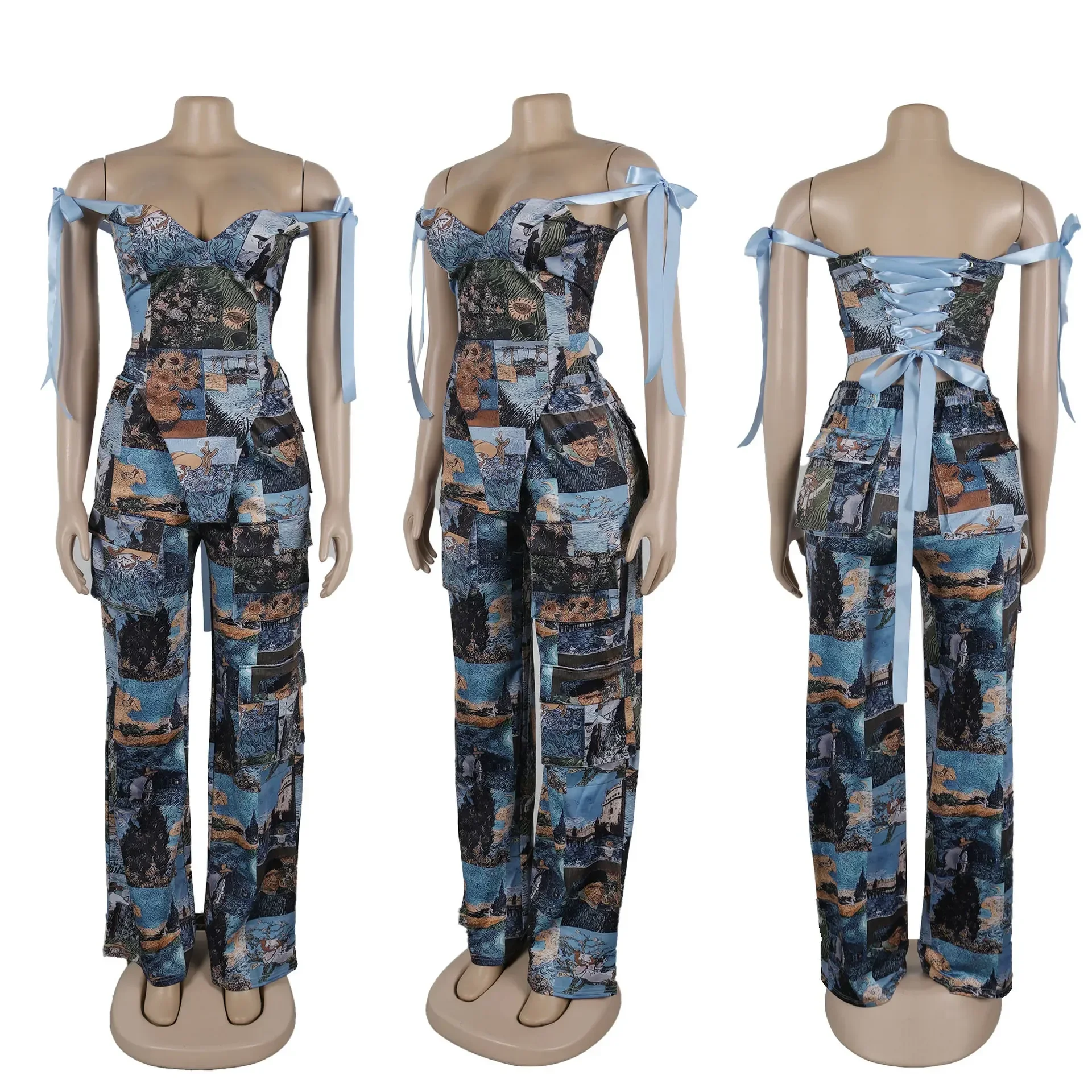 CM.YAYA Oil Painting Printed Women's Set Lace Up Back Crop Top and Pants Suit 2024 Fall Winter Two 2 Piece Sets Outfit Tracksuit