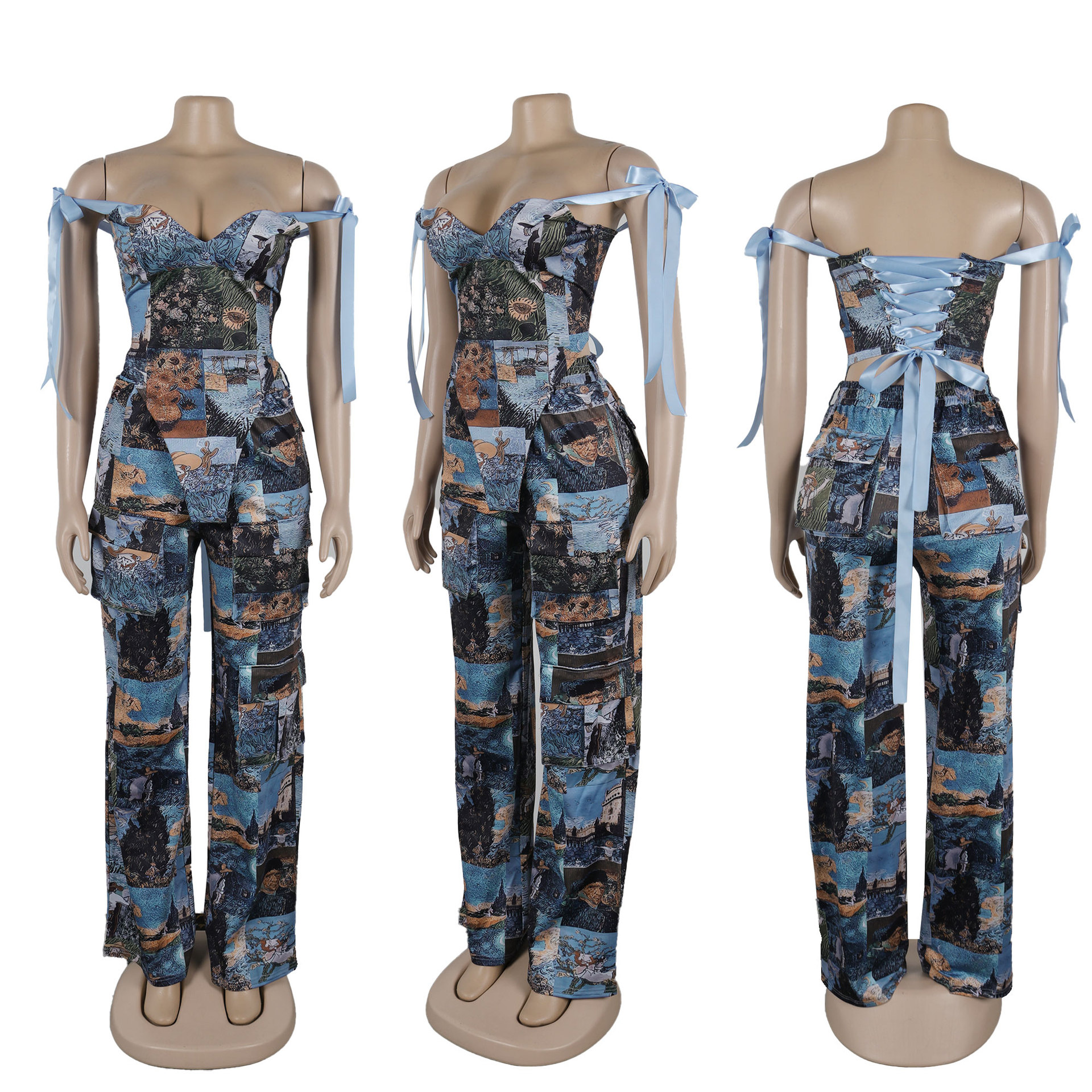 CM.YAYA Oil Painting Printed Women's Set Lace Up Back Crop Top and Pants Suit 2024 Fall Winter Two 2 Piece Sets Outfit Tracksuit