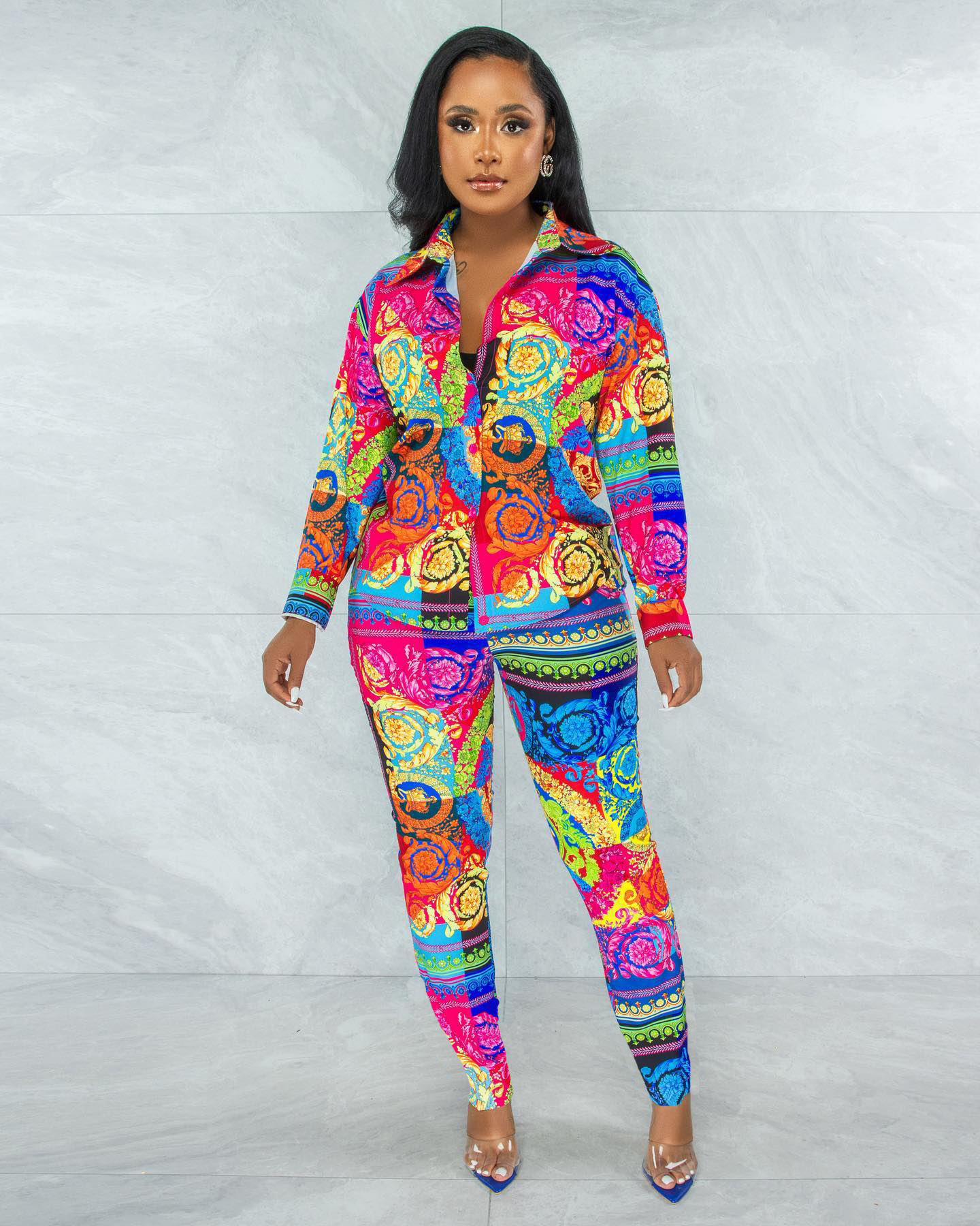 CM.YAYA Autumn Letter Leaf Print Women's Set Blouses Shirt Legging Pants Suit Active Wear Tracksuit Two Piece Set Fitness Outfit