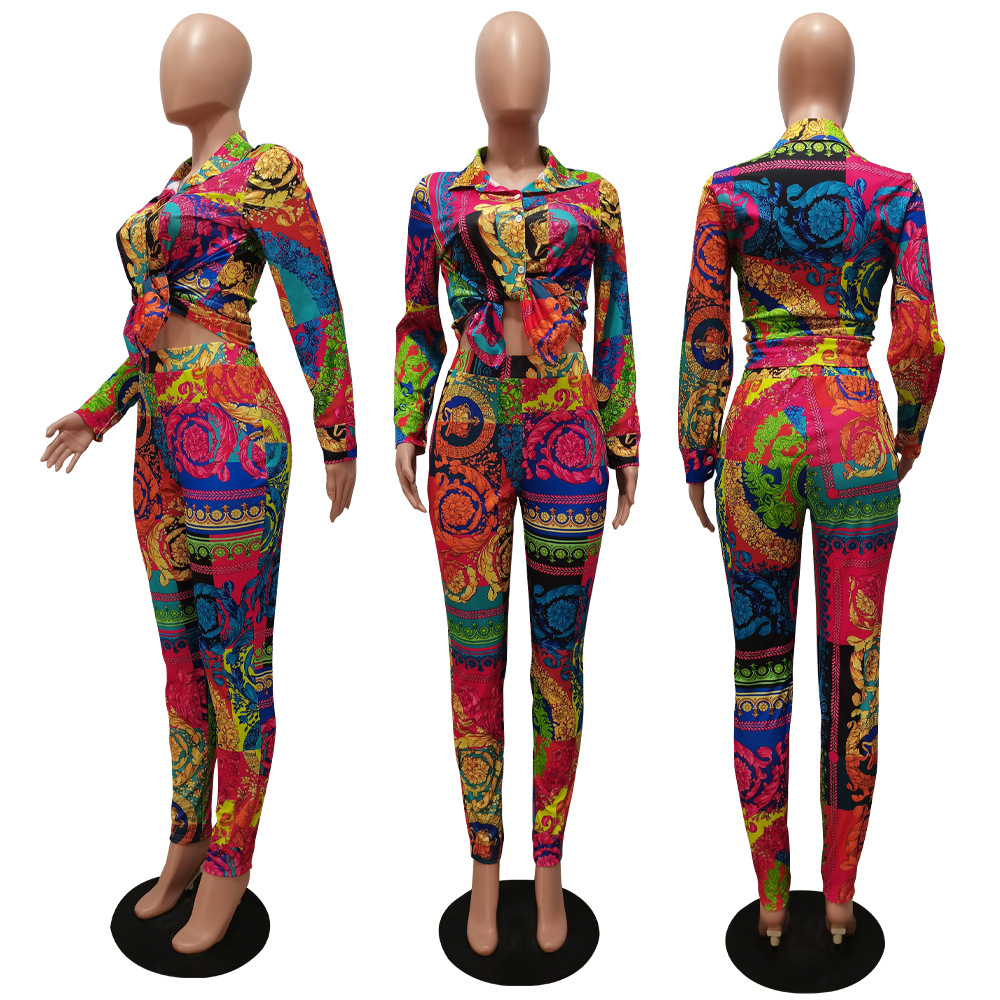 CM.YAYA Autumn Letter Leaf Print Women's Set Blouses Shirt Legging Pants Suit Active Wear Tracksuit Two Piece Set Fitness Outfit