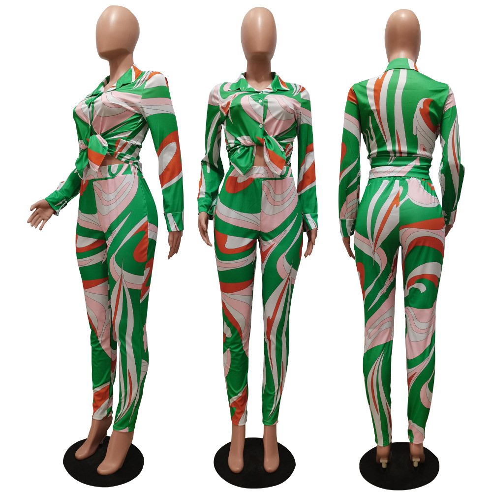 CM.YAYA Autumn Letter Leaf Print Women's Set Blouses Shirt Legging Pants Suit Active Wear Tracksuit Two Piece Set Fitness Outfit