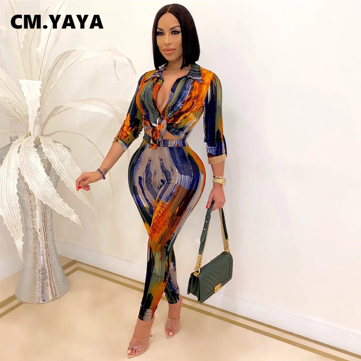 CM.YAYA Autumn Letter Leaf Print Women's Set Blouses Shirt Legging Pants Suit Active Wear Tracksuit Two Piece Set Fitness Outfit