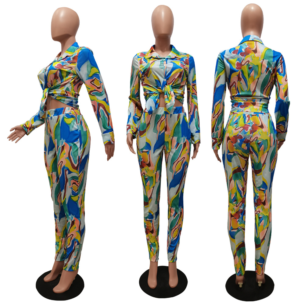 CM.YAYA Autumn Letter Leaf Print Women's Set Blouses Shirt Legging Pants Suit Active Wear Tracksuit Two Piece Set Fitness Outfit