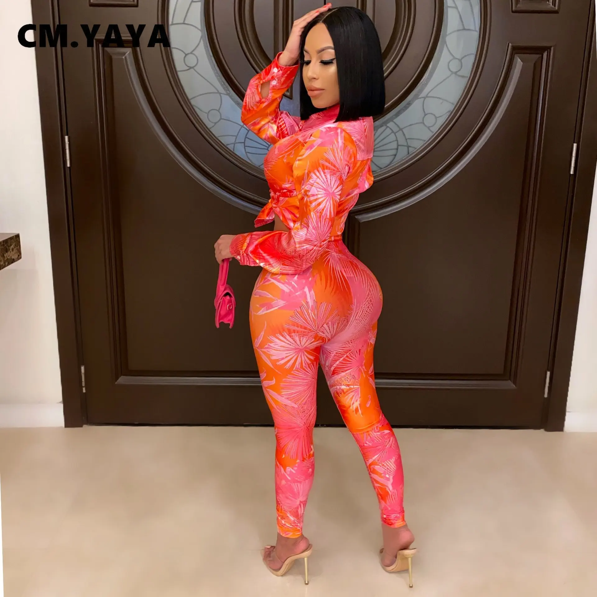 CM.YAYA Autumn Letter Leaf Print Women's Set Blouses Shirt Legging Pants Suit Active Wear Tracksuit Two Piece Set Fitness Outfit