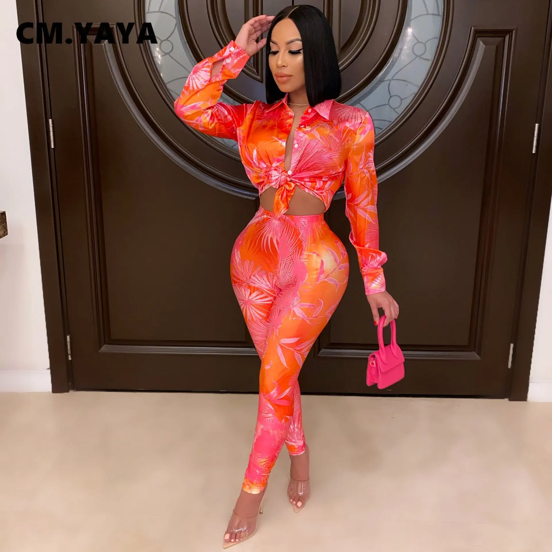 CM.YAYA Autumn Letter Leaf Print Women's Set Blouses Shirt Legging Pants Suit Active Wear Tracksuit Two Piece Set Fitness Outfit