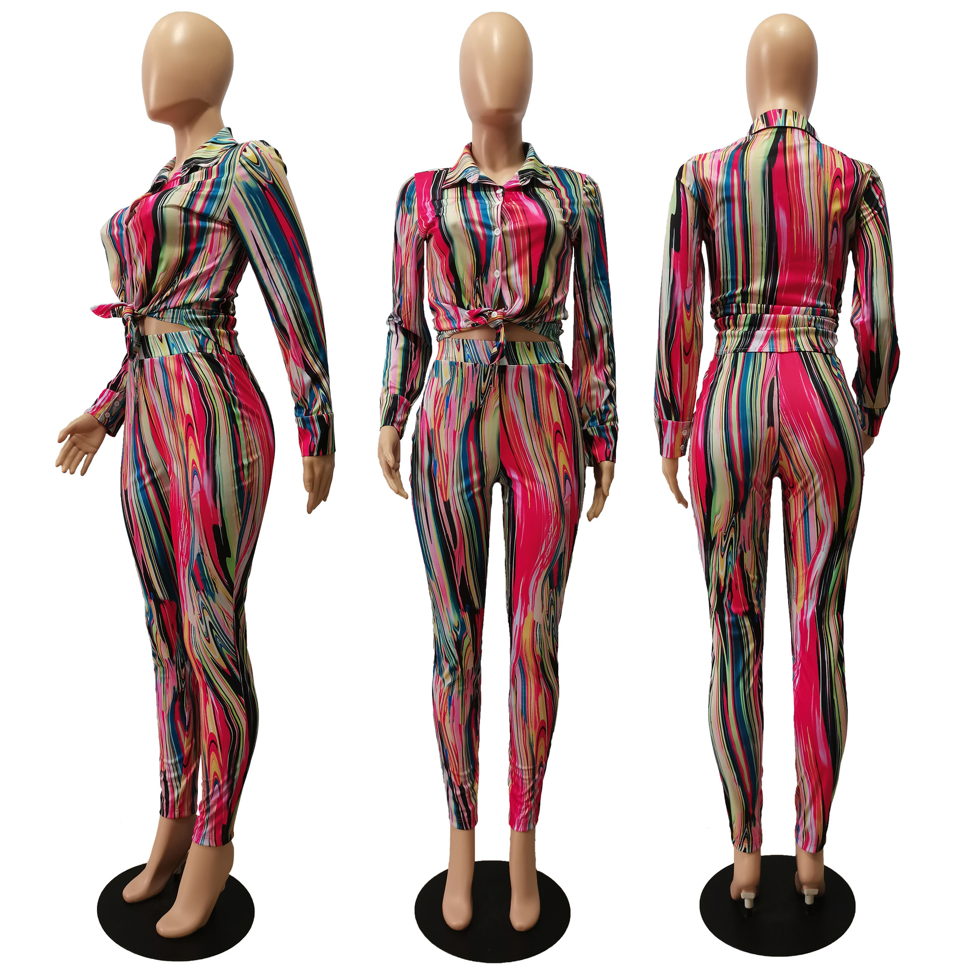 CM.YAYA Autumn Letter Leaf Print Women's Set Blouses Shirt Legging Pants Suit Active Wear Tracksuit Two Piece Set Fitness Outfit