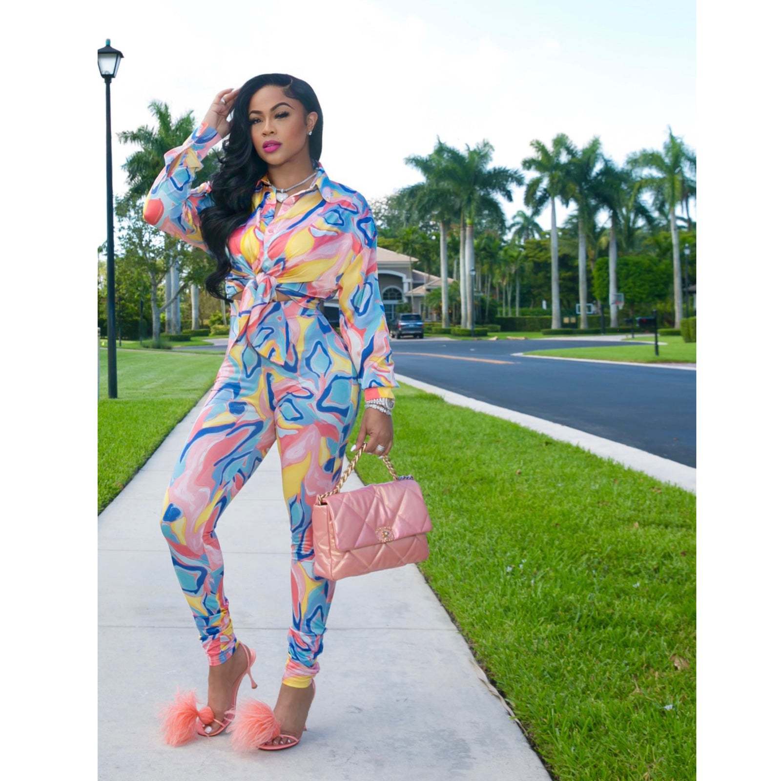 CM.YAYA Autumn Letter Leaf Print Women's Set Blouses Shirt Legging Pants Suit Active Wear Tracksuit Two Piece Set Fitness Outfit