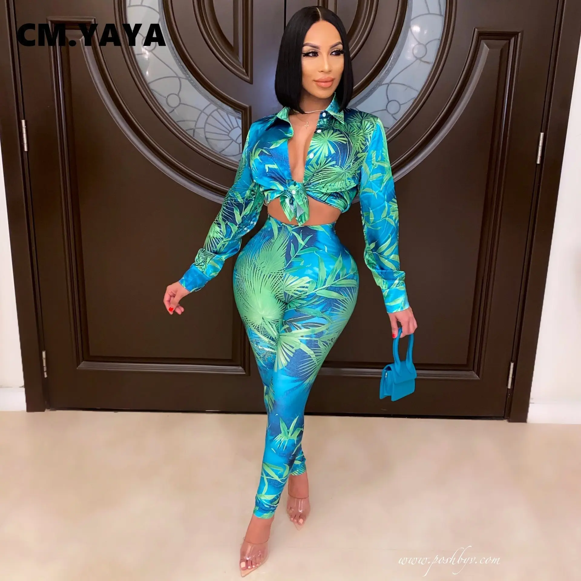 CM.YAYA Autumn Letter Leaf Print Women's Set Blouses Shirt Legging Pants Suit Active Wear Tracksuit Two Piece Set Fitness Outfit