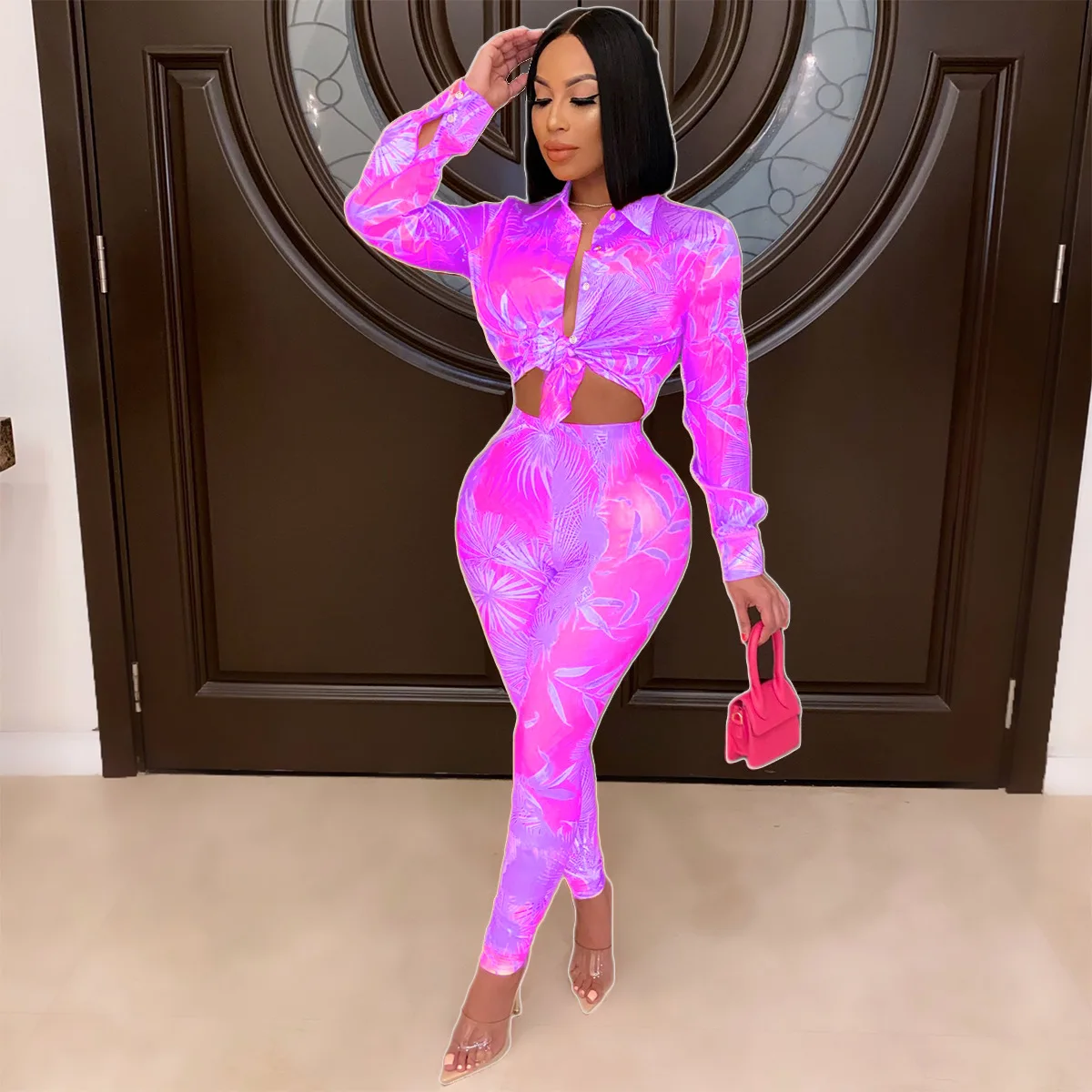 CM.YAYA Autumn Letter Leaf Print Women's Set Blouses Shirt Legging Pants Suit Active Wear Tracksuit Two Piece Set Fitness Outfit