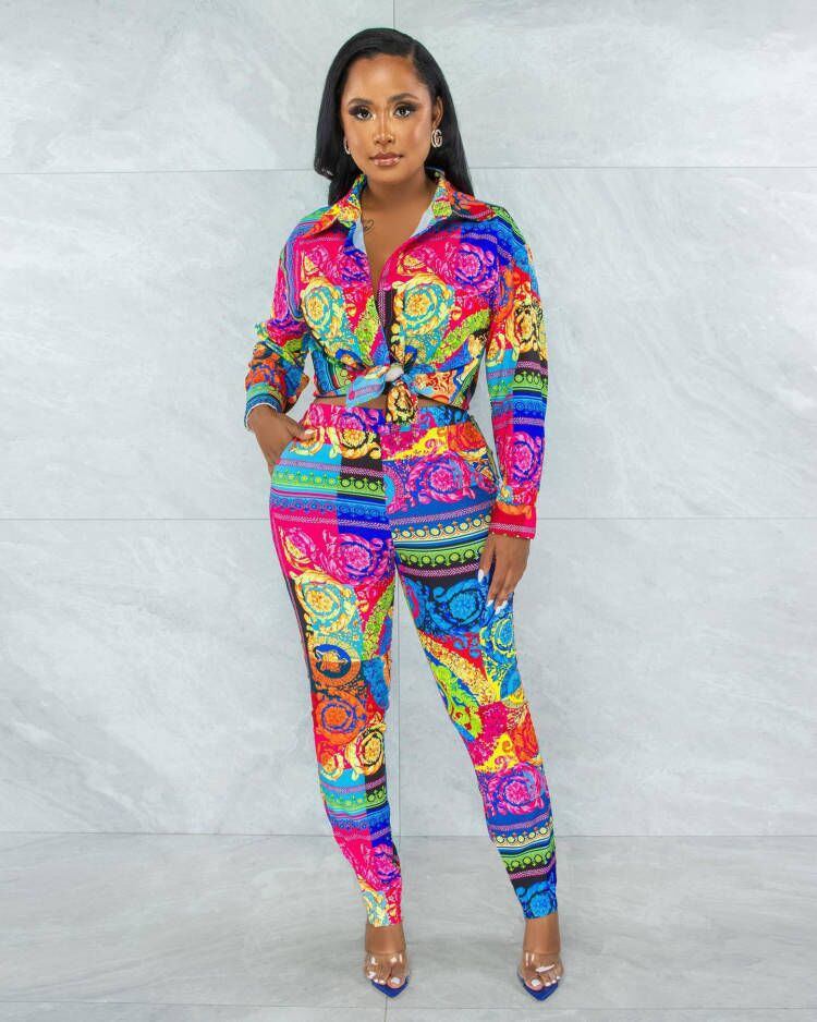 CM.YAYA Autumn Letter Leaf Print Women's Set Blouses Shirt Legging Pants Suit Active Wear Tracksuit Two Piece Set Fitness Outfit