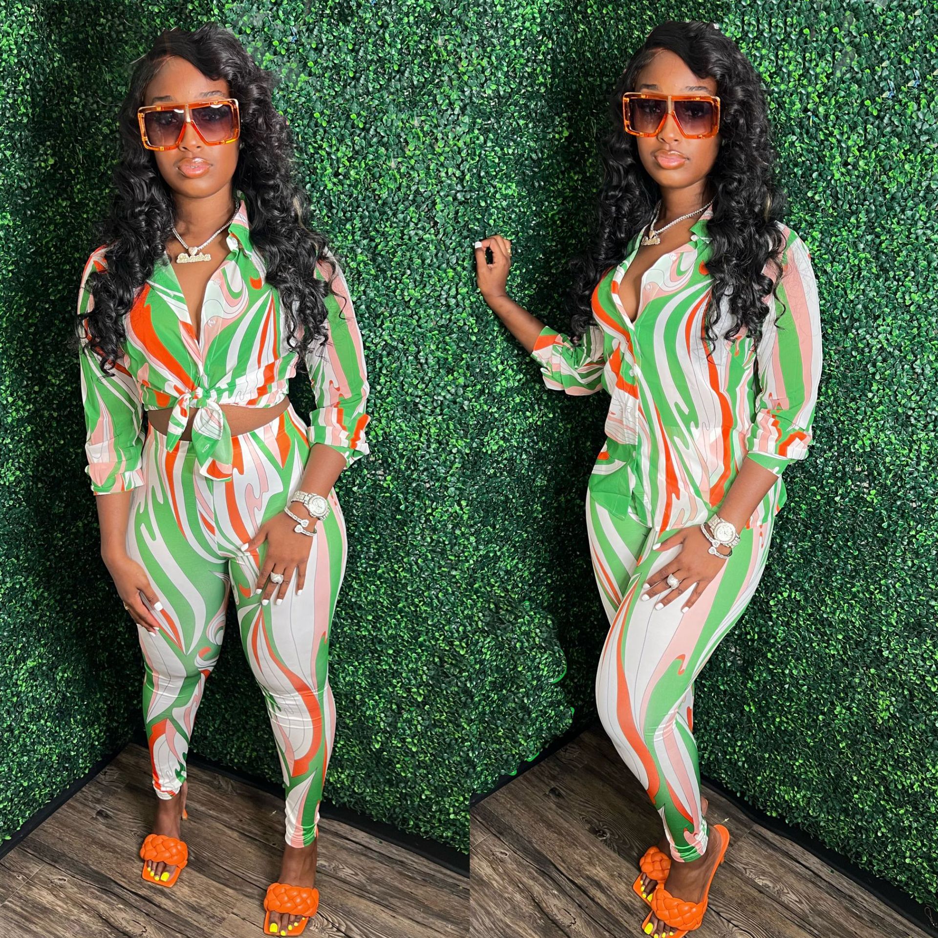 CM.YAYA Autumn Letter Leaf Print Women's Set Blouses Shirt Legging Pants Suit Active Wear Tracksuit Two Piece Set Fitness Outfit