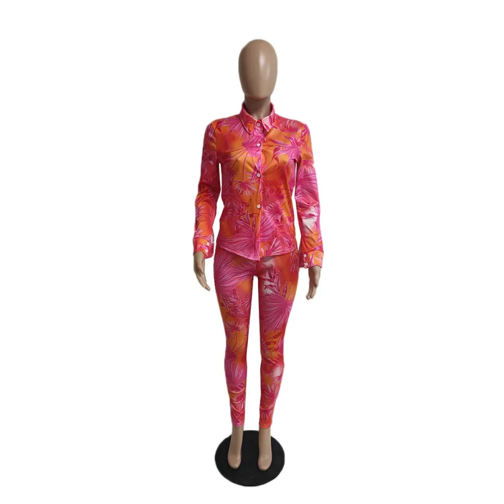 CM.YAYA Autumn Letter Leaf Print Women's Set Blouses Shirt Legging Pants Suit Active Wear Tracksuit Two Piece Set Fitness Outfit