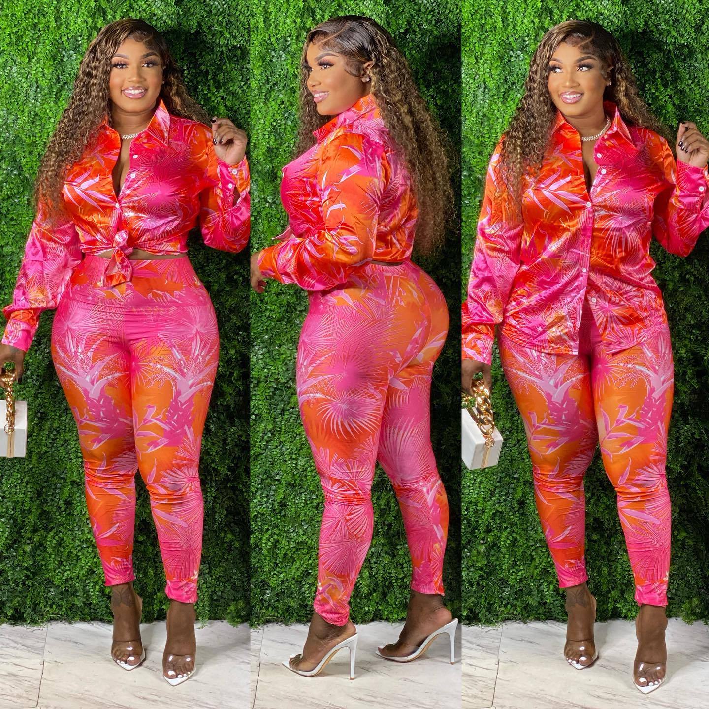 CM.YAYA Autumn Letter Leaf Print Women's Set Blouses Shirt Legging Pants Suit Active Wear Tracksuit Two Piece Set Fitness Outfit