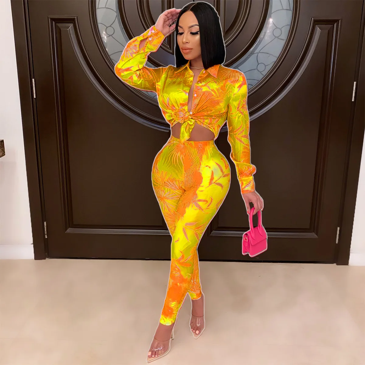 CM.YAYA Autumn Letter Leaf Print Women's Set Blouses Shirt Legging Pants Suit Active Wear Tracksuit Two Piece Set Fitness Outfit