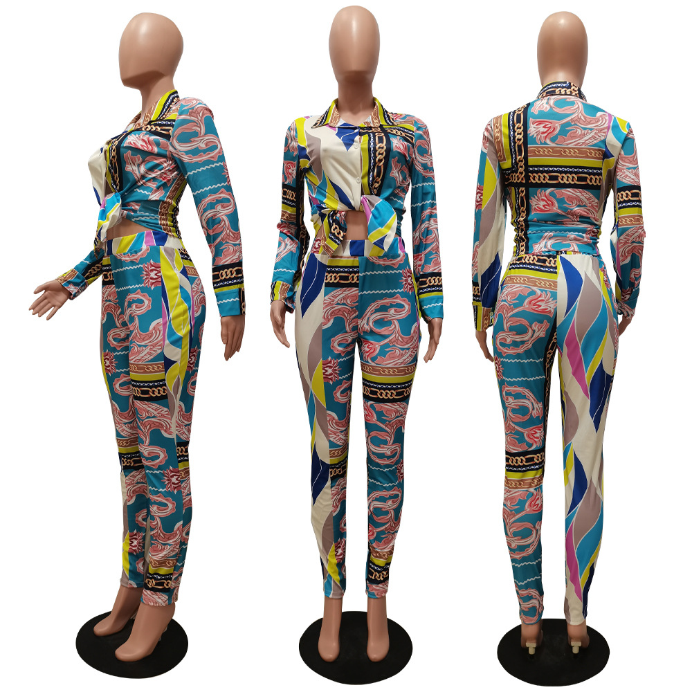 CM.YAYA Autumn Letter Leaf Print Women's Set Blouses Shirt Legging Pants Suit Active Wear Tracksuit Two Piece Set Fitness Outfit