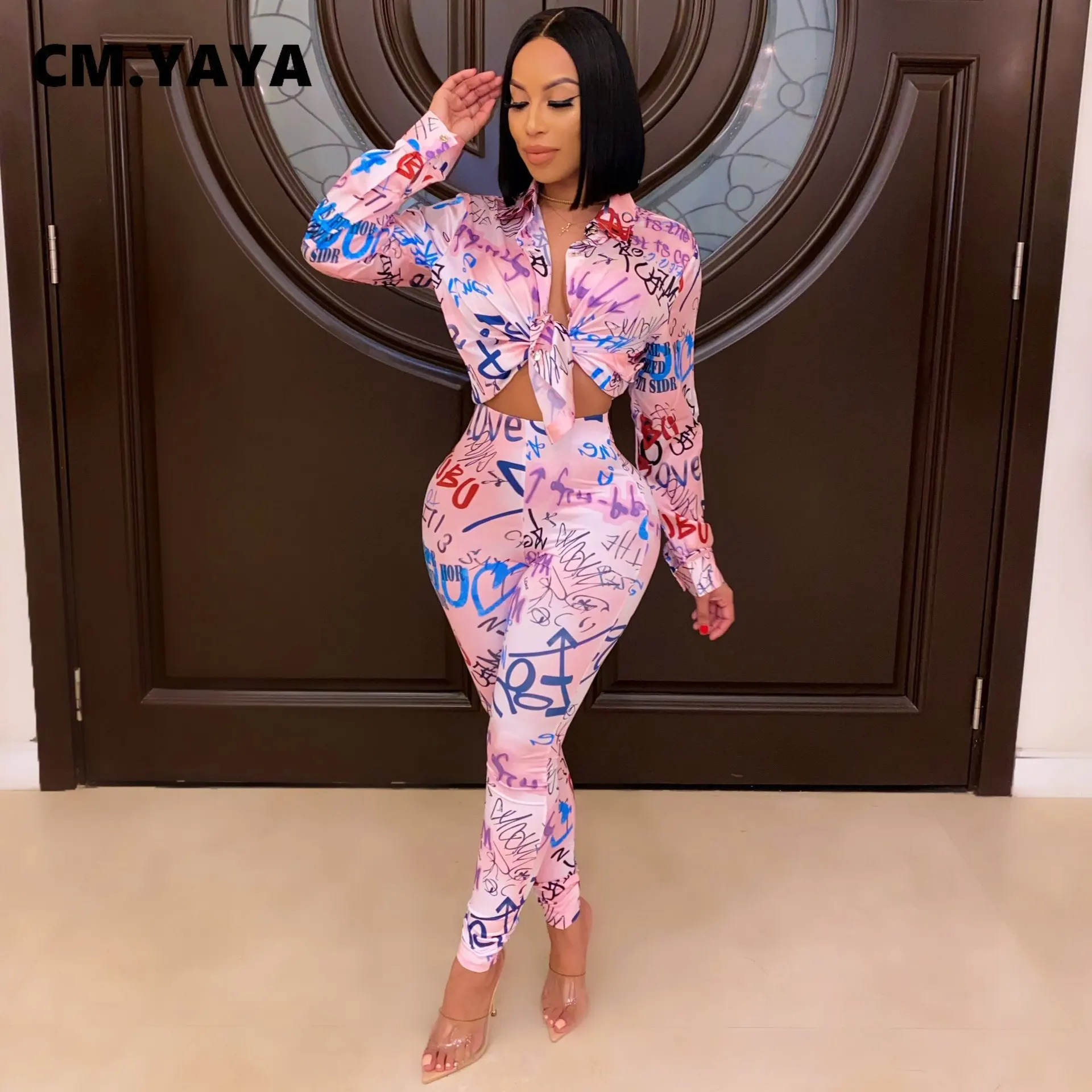 CM.YAYA Autumn Letter Leaf Print Women's Set Blouses Shirt Legging Pants Suit Active Wear Tracksuit Two Piece Set Fitness Outfit