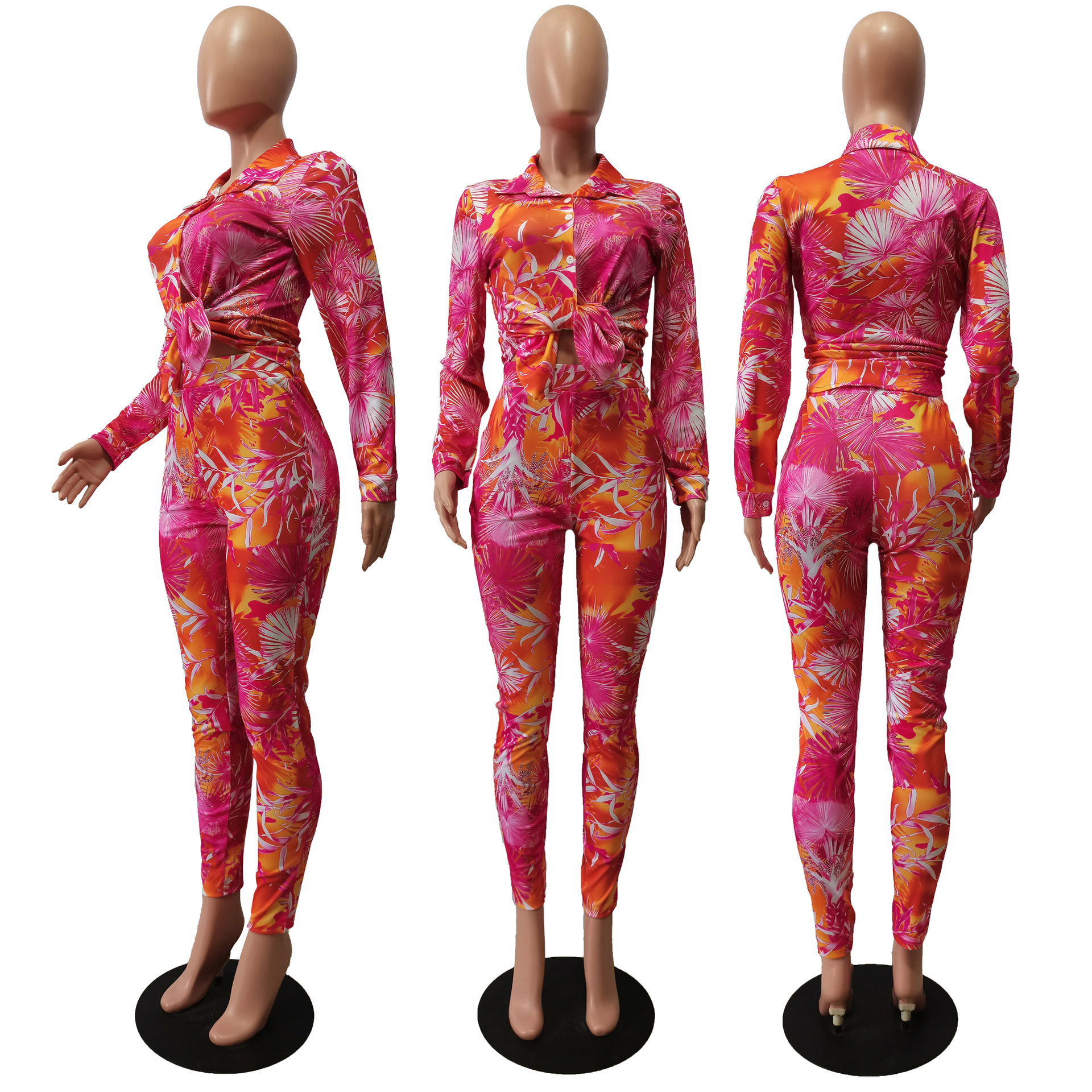 CM.YAYA Autumn Letter Leaf Print Women's Set Blouses Shirt Legging Pants Suit Active Wear Tracksuit Two Piece Set Fitness Outfit