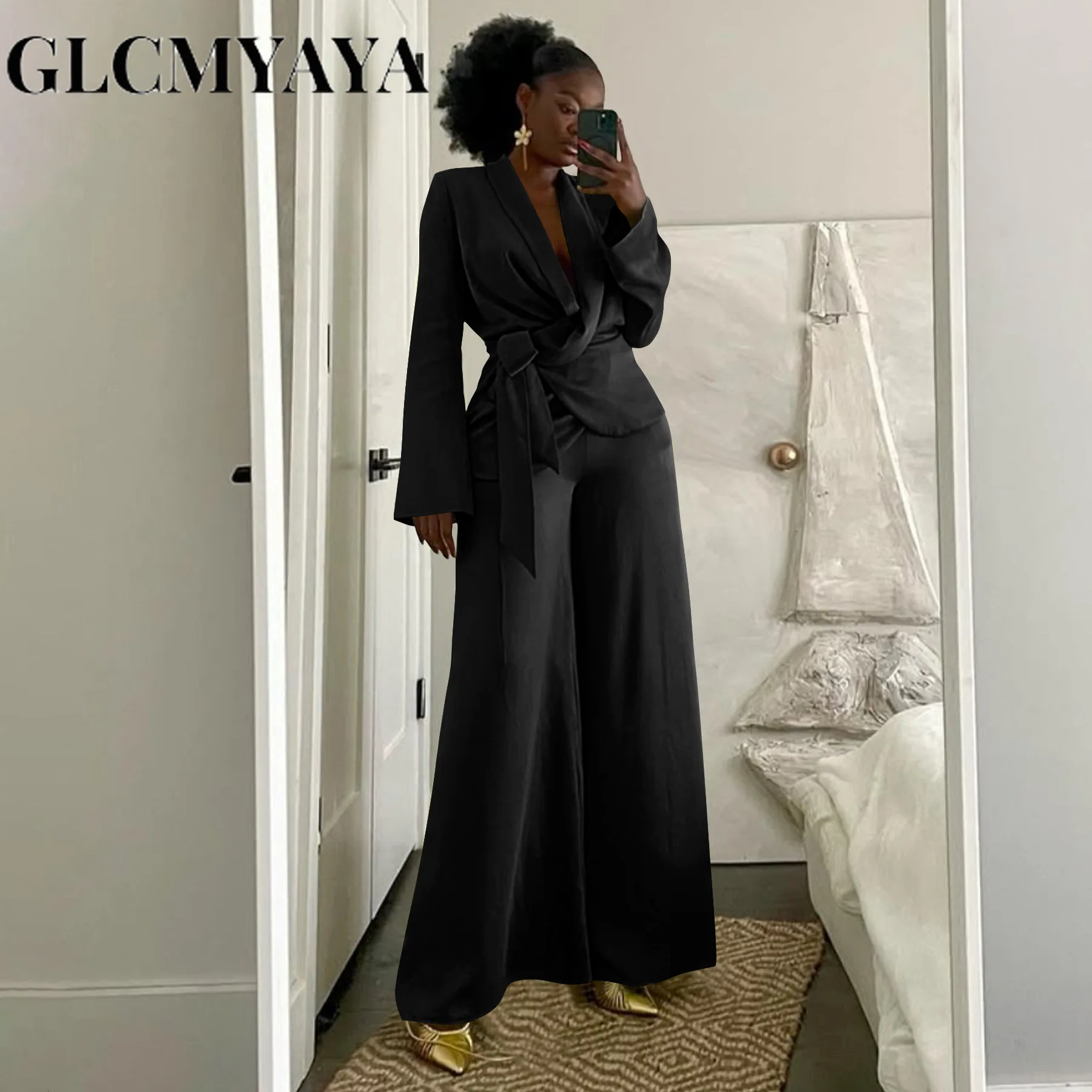 GLCMYAYA Street OL Work Women's Set Long Sleeve Blazers Tops and Wide Leg Pants Suit 2025 Fall Vacation Two 2 Piece Set Outfits