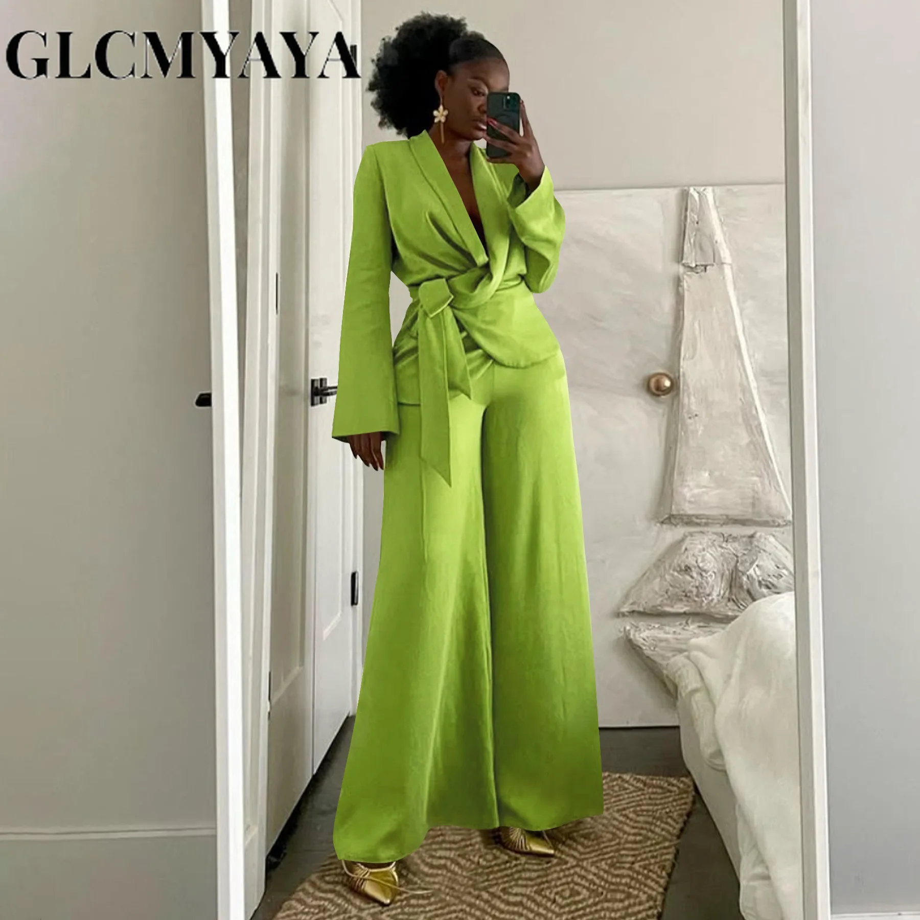 GLCMYAYA Street OL Work Women's Set Long Sleeve Blazers Tops and Wide Leg Pants Suit 2025 Fall Vacation Two 2 Piece Set Outfits
