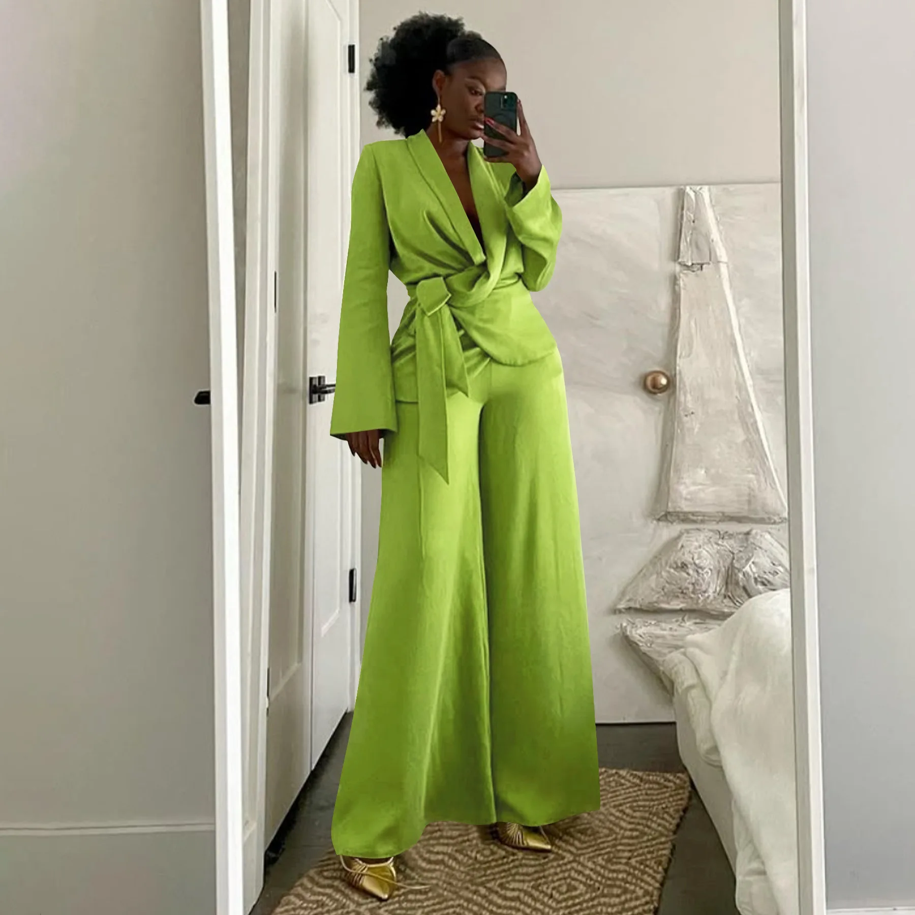 GLCMYAYA Street OL Work Women's Set Long Sleeve Blazers Tops and Wide Leg Pants Suit 2025 Fall Vacation Two 2 Piece Set Outfits GLCMYAYA Street OL Work Women's Set Long Sleeve Blazers Tops and Wide Leg Pants Suit 2025 Fall Vacation Two 2 Piece Set Outfits