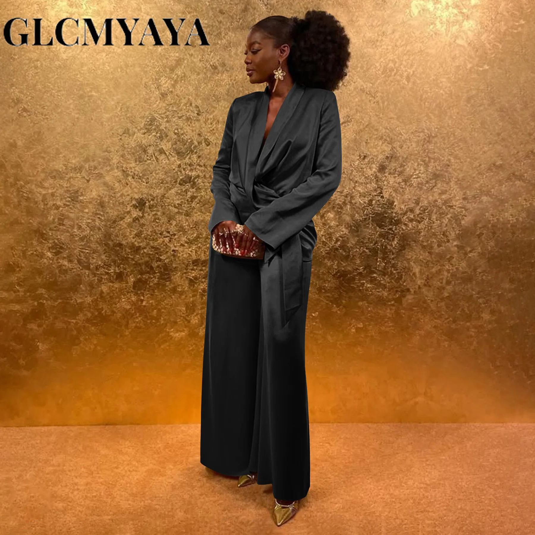 GLCMYAYA Street OL Work Women's Set Long Sleeve Blazers Tops and Wide Leg Pants Suit 2025 Fall Vacation Two 2 Piece Set Outfits